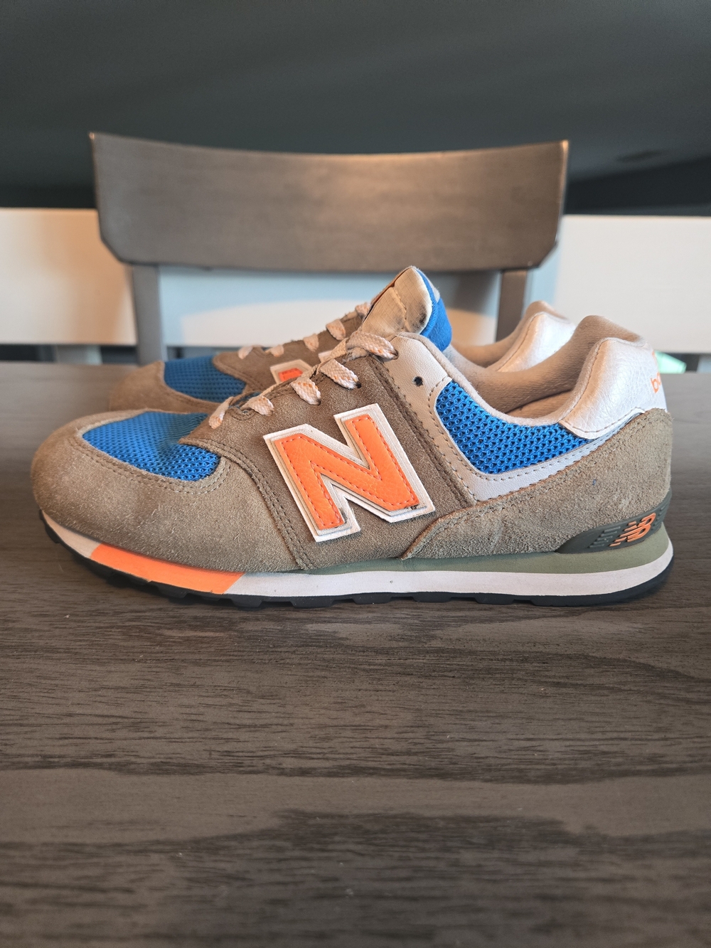 New Balance Gray Suede & Blue Mesh Sneakers with Orange Accent